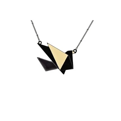 Origami Paper Crane Black and Ecru Fantasy Necklace by Ikita
