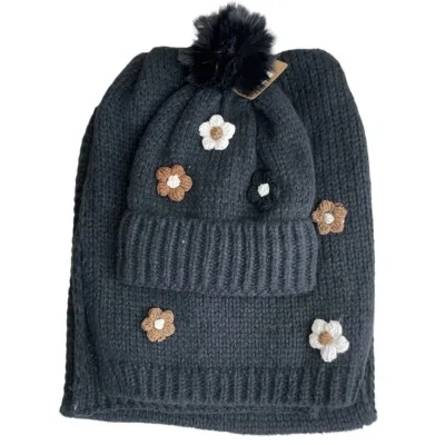 Black hat and scarf set with embroidered flowers