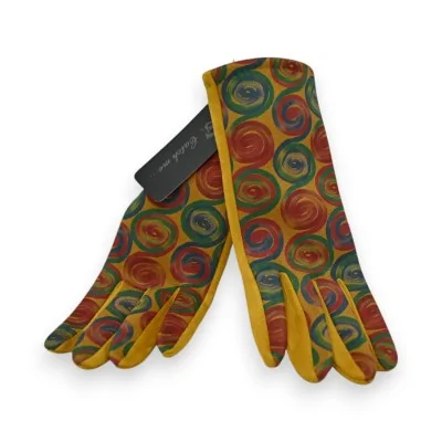 Handschuhe aus Wildleder-Imitat in Senfgelb mit bunten Kreismustern