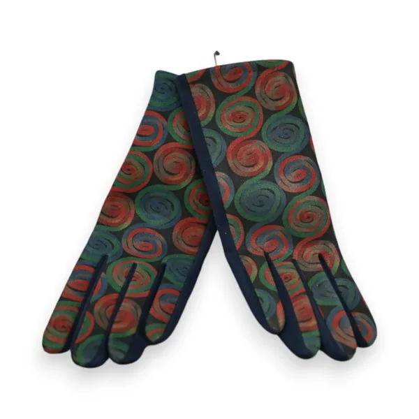 Guantes de terciopelo azul marino con círculos multicolores