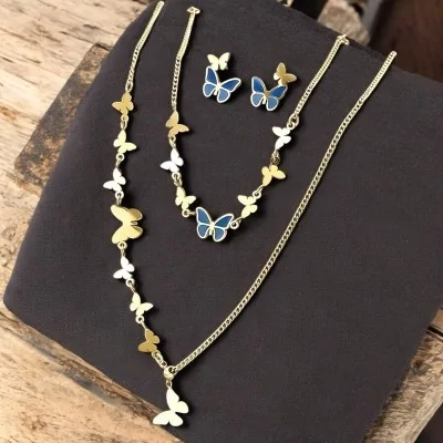 Conjunto de borboletas azuis douradas em aço