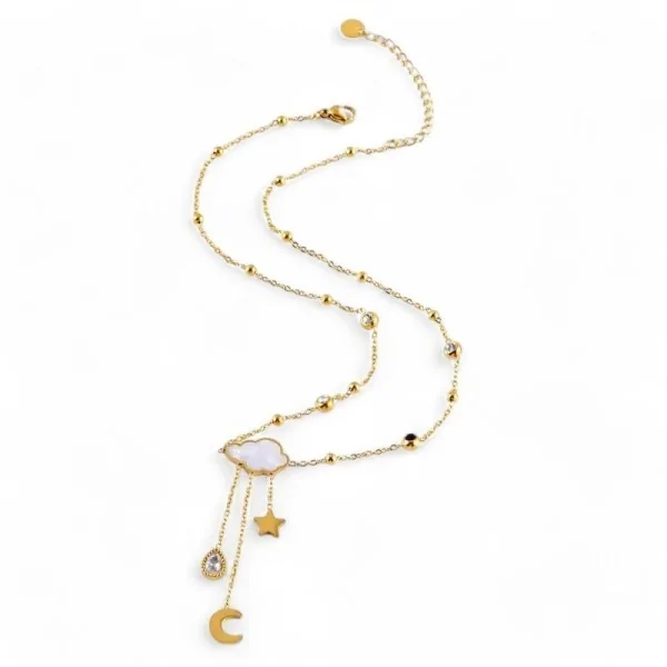 Colar Celestial de Aço Dourado com Pingente de Nuvem e Berloques