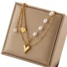 Collier Double Chaîne Coeur & Perles | Bijou Tendance Acier Doré | Mode Tendance
