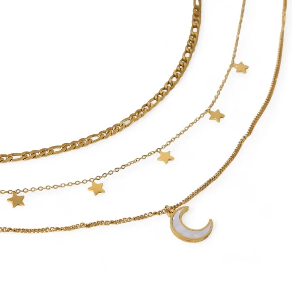 Colar de várias camadas com estrelas e lua em aço dourado
