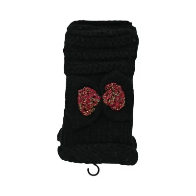 Schwarze Strickhandschuhe mit weinroter Schleife
