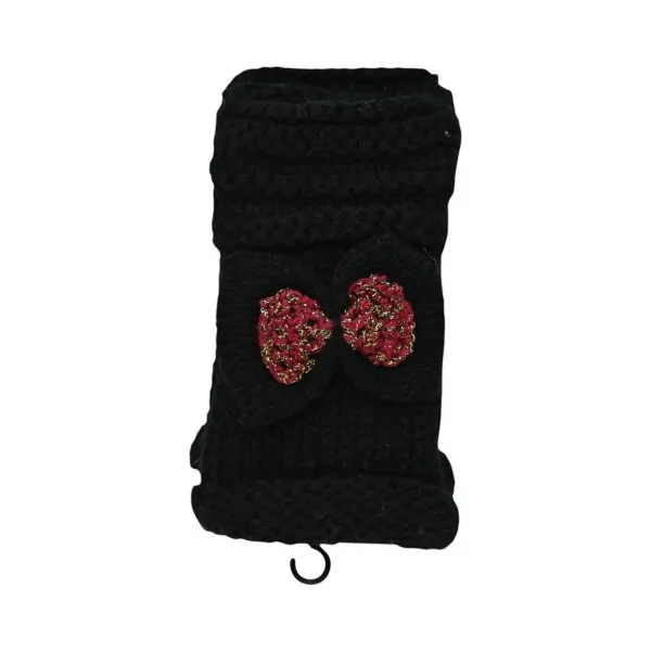 Schwarze Strickhandschuhe mit weinroter Schleife