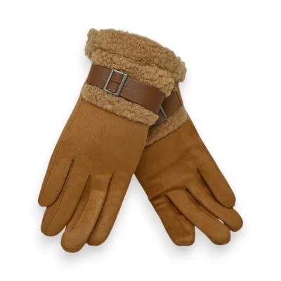 Guantes cálidos de ante sintético camel con forro de borreguito