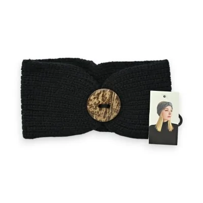 Schwarzes Winter-Strickstirnband mit Holzknopf