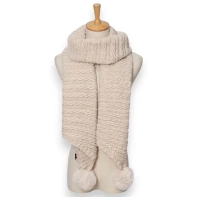 Sciarpa asimmetrica in maglia beige con pompon