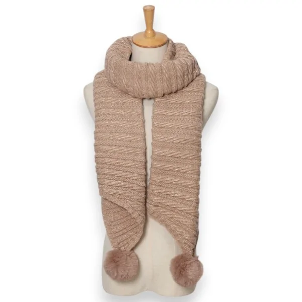 Asymmetric taupe knitted scarf with pom-poms