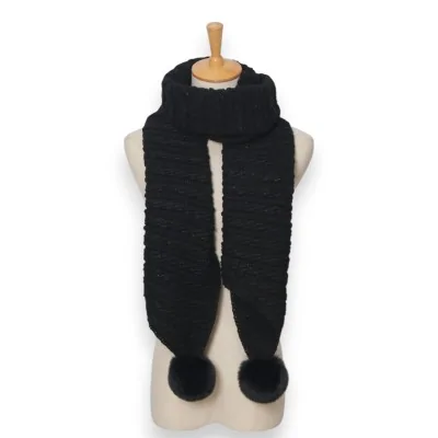 Asymmetrical black knitted scarf with pom-poms