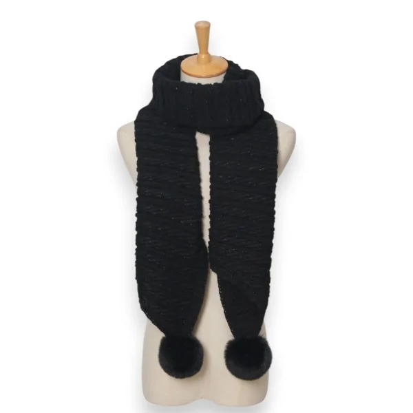 Asymmetrical black knitted scarf with pom-poms