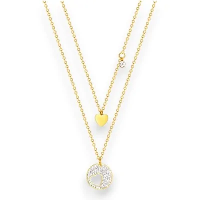 Gold-plated steel necklace Double Heart Rhinestone Gold