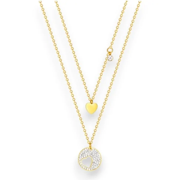 Colar de aço dourado Coração Duplo com Strass Dourado