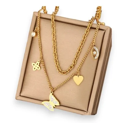 Collar de acero dorado Butterfly Charm Doble Fila