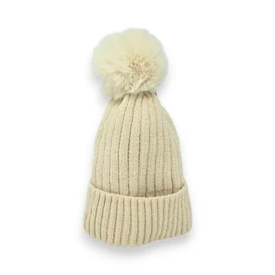 Gorro de Pana Beige Forrado con Forro Polar y Pompón