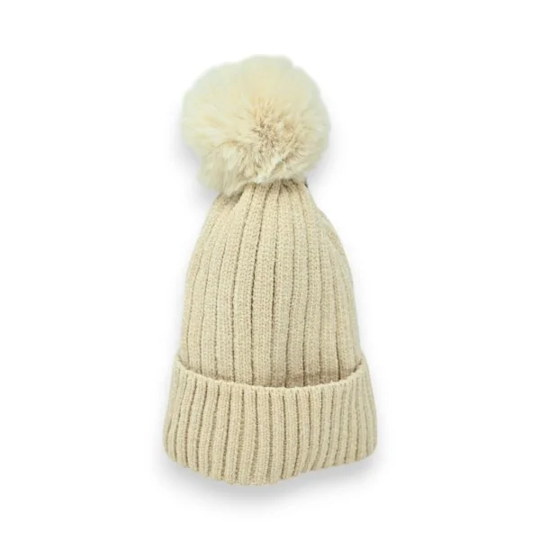 Gorro de Pana Beige Forrado con Forro Polar y Pompón
