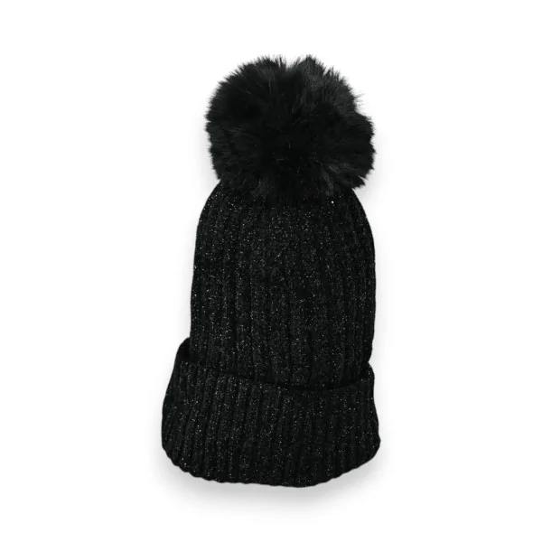 Ribbed Velvet Black Beanie Lined with Soft Fleece and Pom-Pom