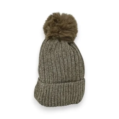 Gorro de Veludo Cotelê Bege-Acinzentado Forrado com Pelúcia e Pompom
