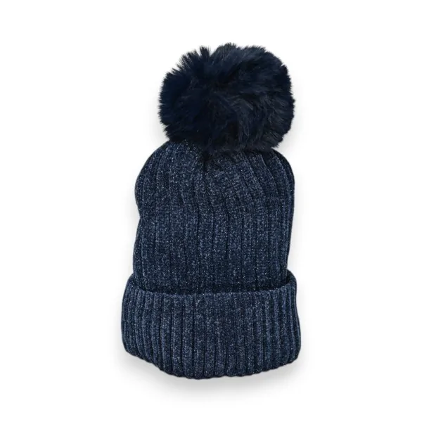 Gorro de Veludo Cotelê Azul Marinho Forrado com Pompom
