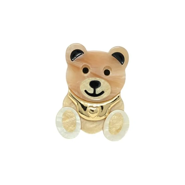 Broche Magnética Urso Bege e Dourado em Resina