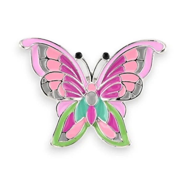 Magnetic Pink and Green Enameled Butterfly Brooch