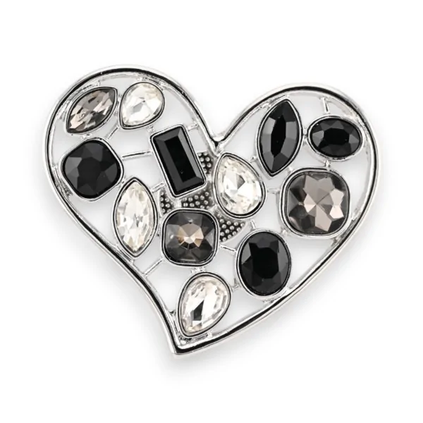 Broche Magnética Coração Glamour Prateada preto e branco