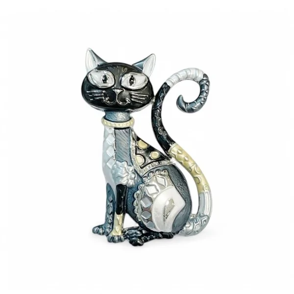 Broche magnética Gato Plateado y negro Art Déco