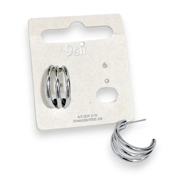Pendientes de aro triple de acero inoxidable plateado