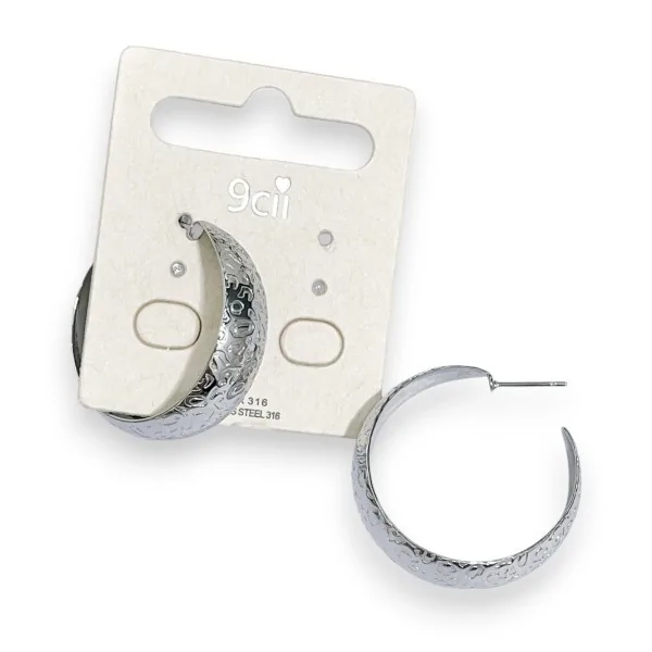 Pendientes de Aro Plateados de Acero Inoxidable con Diseño en Relieve