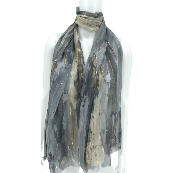 Lenço Tie-Dye Luxo Cinza & Bege com Detalhes Dourados