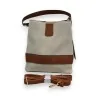 Melanie Paris Two-Tone Linen Bucket Bag - Elegant Beige and Camel Handbag