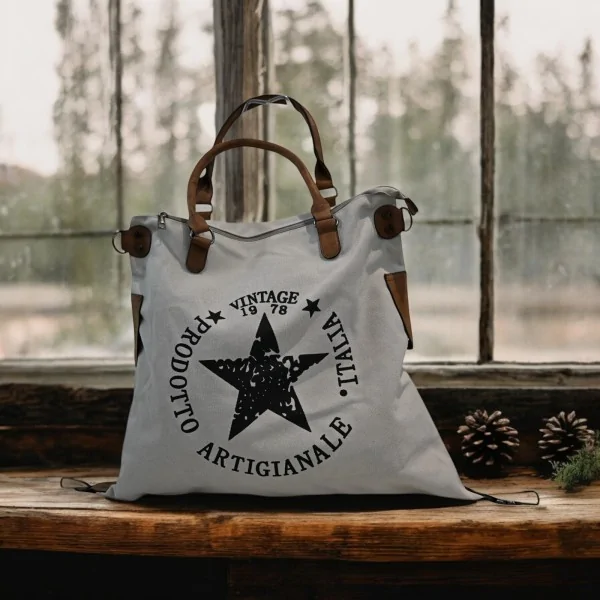 Vintage Off-White Canvas Handbag with Black Star