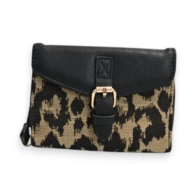 Carteira Leopardo Melanie Paris Compacta Duas Texturas Preta