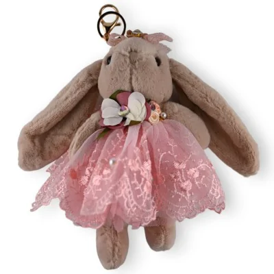 Chaveiro coelho shabby taupe e rosa
