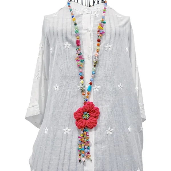 Colar Longo Boêmio Multicolorido Flor de Tricô