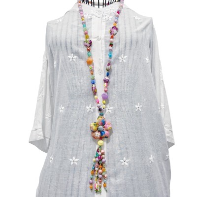 Boho patchwork flower long necklace with multicolor pastel beads and beaded tassel drop