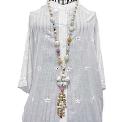 Boho Liberty-style fabric flower long necklace with ivory wood beads pastel florals and beaded tassel