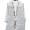 Boho Liberty-style fabric flower long necklace with ivory wood beads pastel florals and beaded tassel