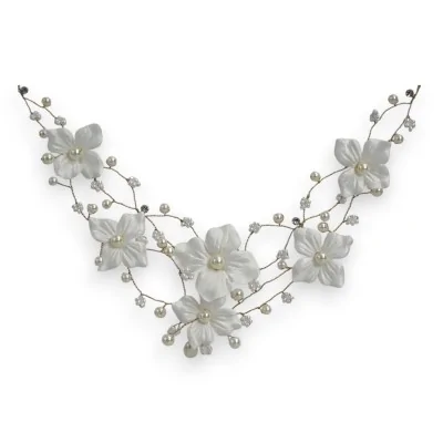 Collana Floreale Bianca da Sposa con Perle e Fiori in Tessuto
