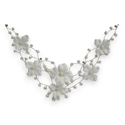 Weiße Blumen-Halskette für Hochzeiten mit Perlen und Stoffblumen