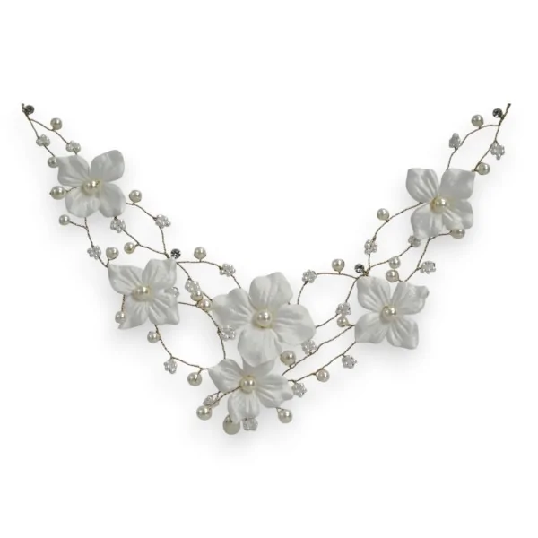 Collana Floreale Bianca da Sposa con Perle e Fiori in Tessuto