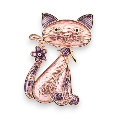 Pregadeira magnética gato sentado em metal rose gold martelado, esmalte violeta lavanda dentro das orelhas, pequena flor violeta
