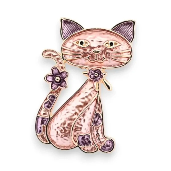 Broche Magnétique Chat Élégant Rose Doré avec Fleur Violette