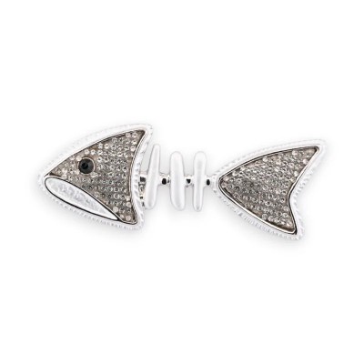 Spilla magnetica lisca di pesce argento con pavé di strass, vista frontale, 7,5 cm