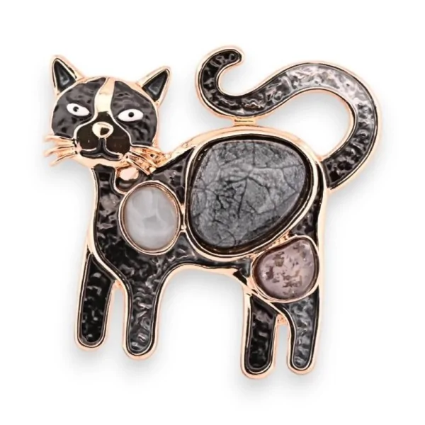 Broche Chat aimantée Doré noir avec Pierres Fantaisie