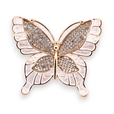 Roségold Schmetterling-Brosche mit perlweißem Email-Außenflügel und Strass-Pavé-Innenflügel, magnetisch, 5,5 x 4,5 cm