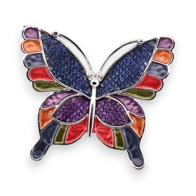 Stained-glass butterfly brooch with cobalt-blue rhinestone upper wings, amethyst lower wings and multicolour cloisonné enamel bo