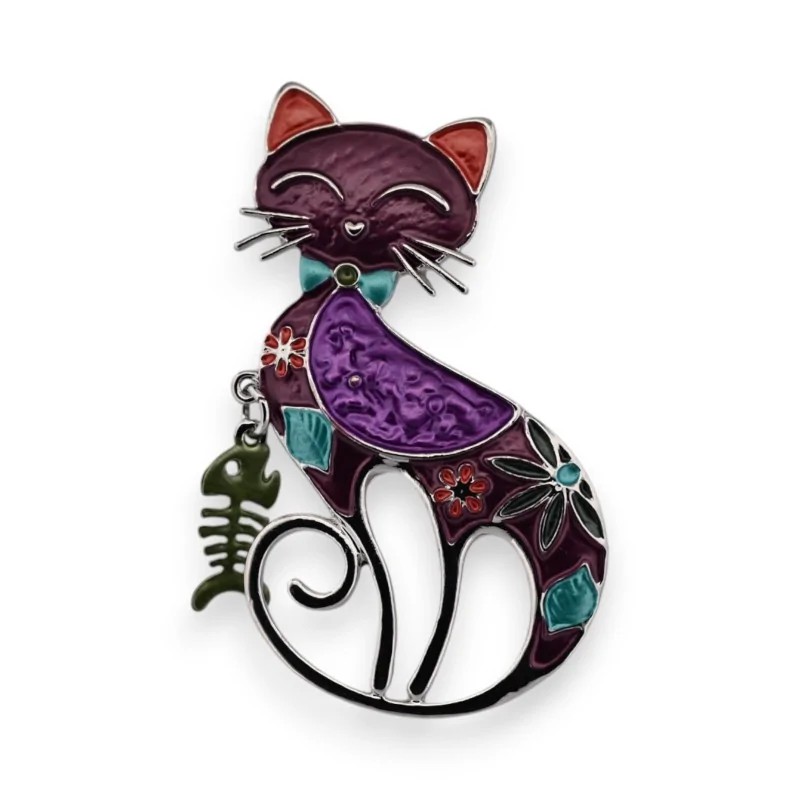 Broche Magnétique Chat Décorative Émail Violet et Turquoise