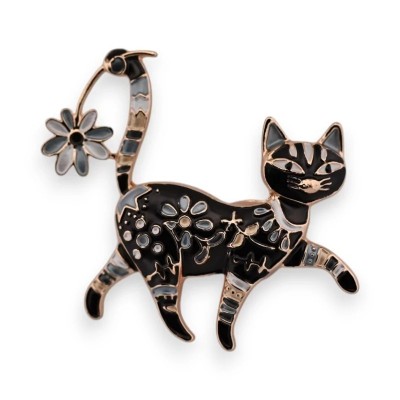 Broche gato negro caminando esmaltado con motivos florales y margarita sobre la cola erguida, contorno oro rosa, magnético, 6 cm